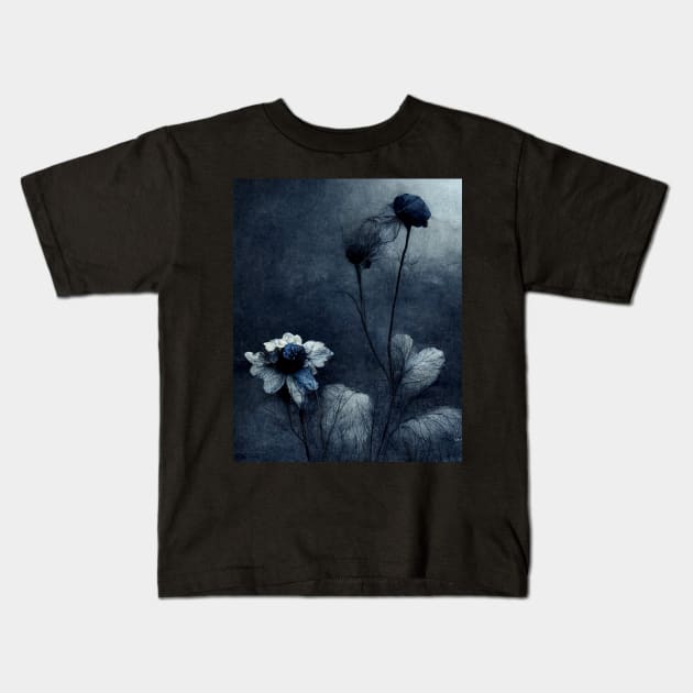 Lonely Withered Flowers in Shades of Dark Blue and Grey Kids T-Shirt by AmazinfArt